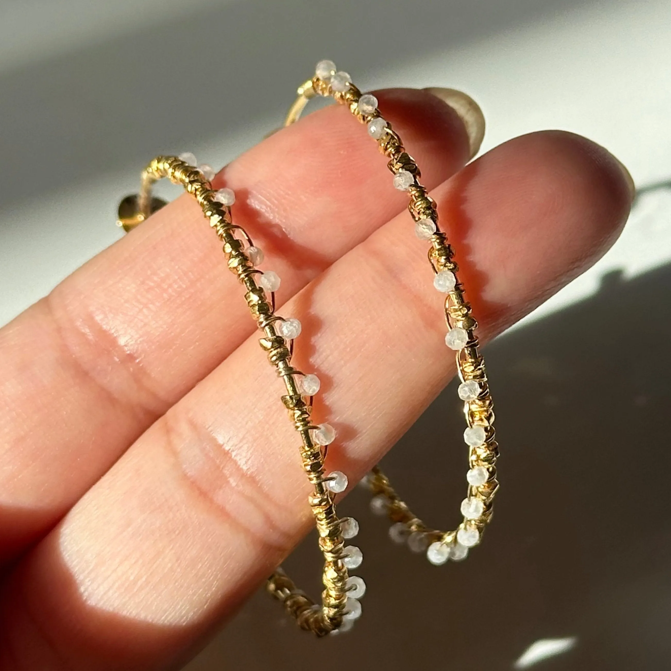 Large Hoop Earrings in Gold Plated Sterling Silver with Moonstone Gemstone