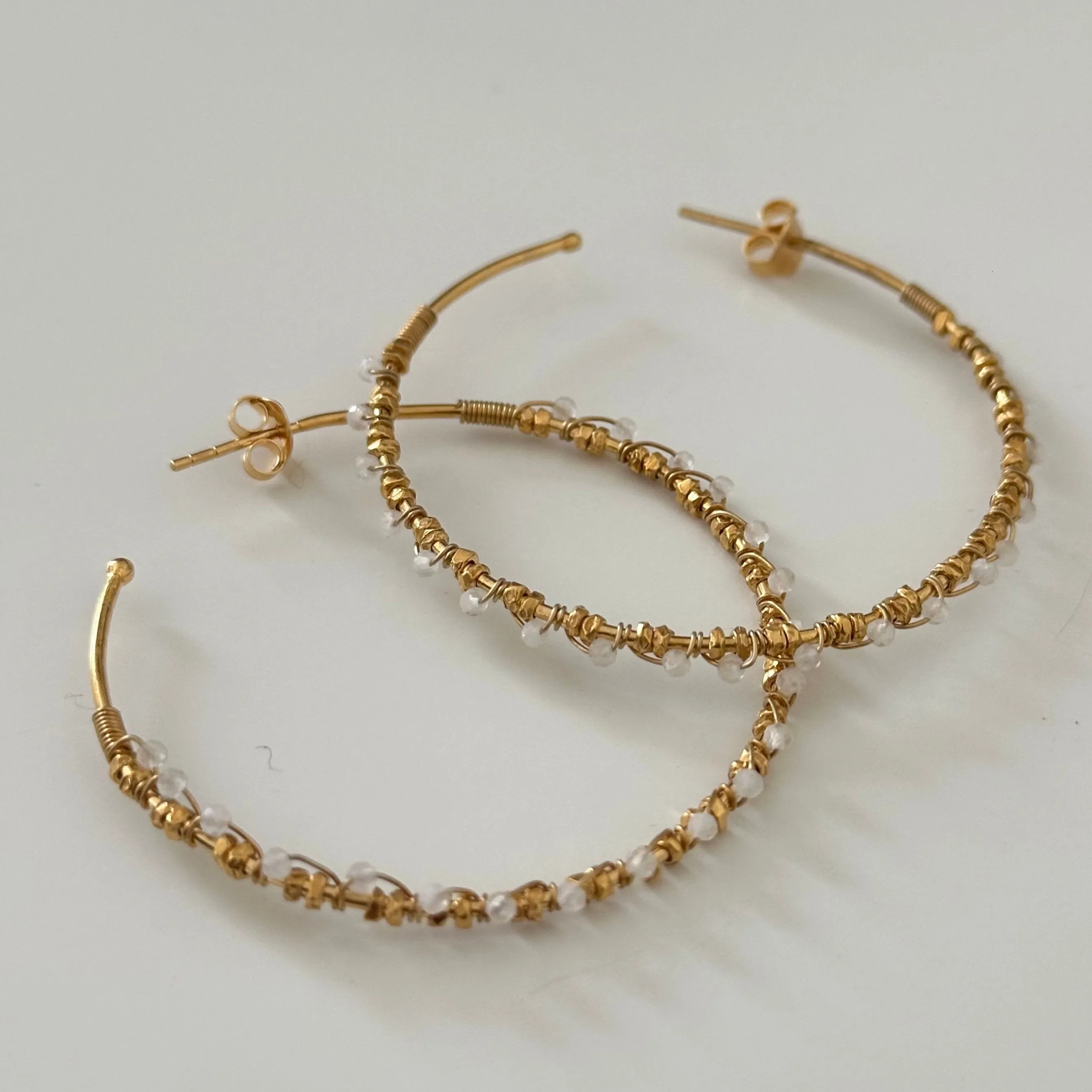 Large Hoop Earrings in Gold Plated Sterling Silver with Moonstone Gemstone