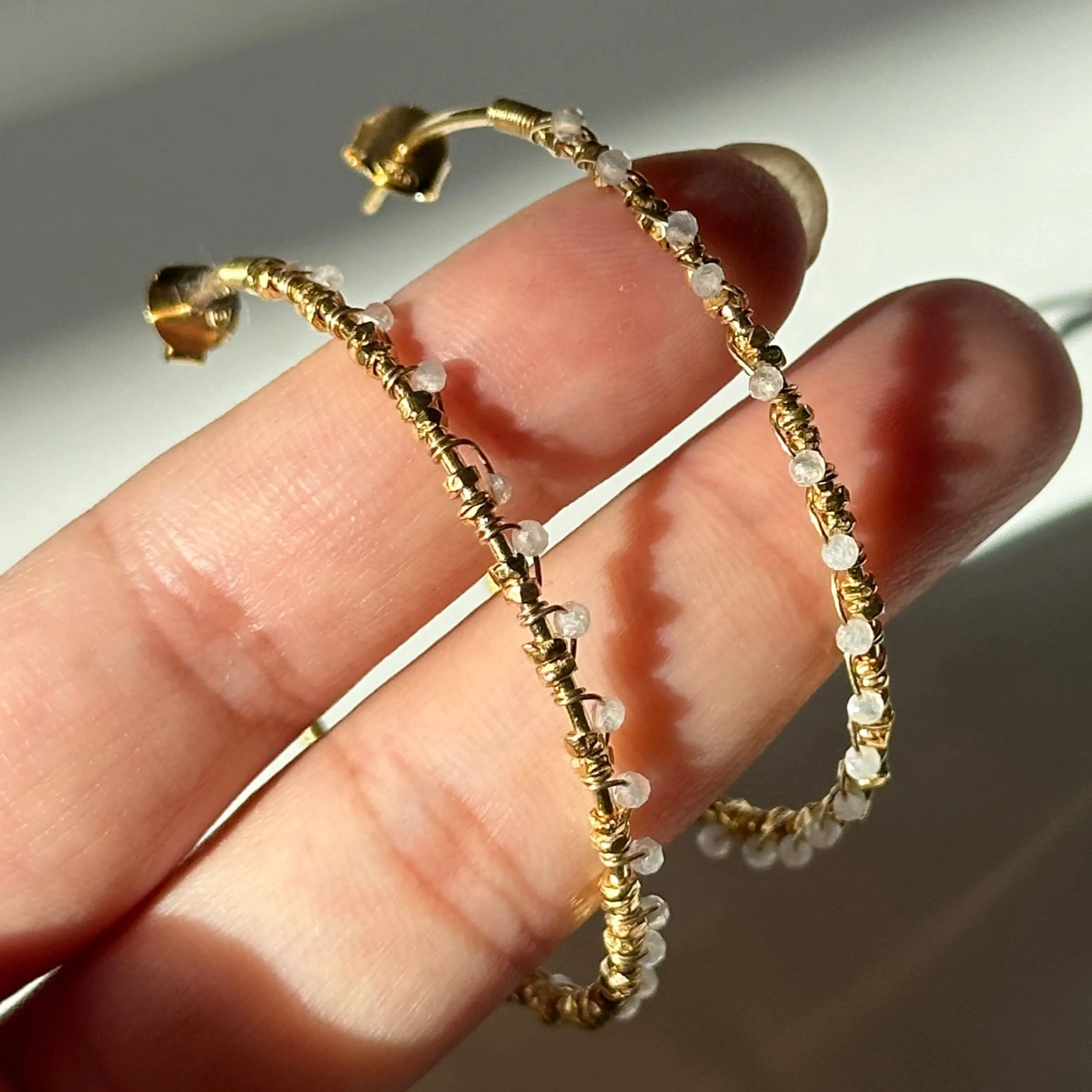 Large Hoop Earrings in Gold Plated Sterling Silver with Moonstone Gemstone