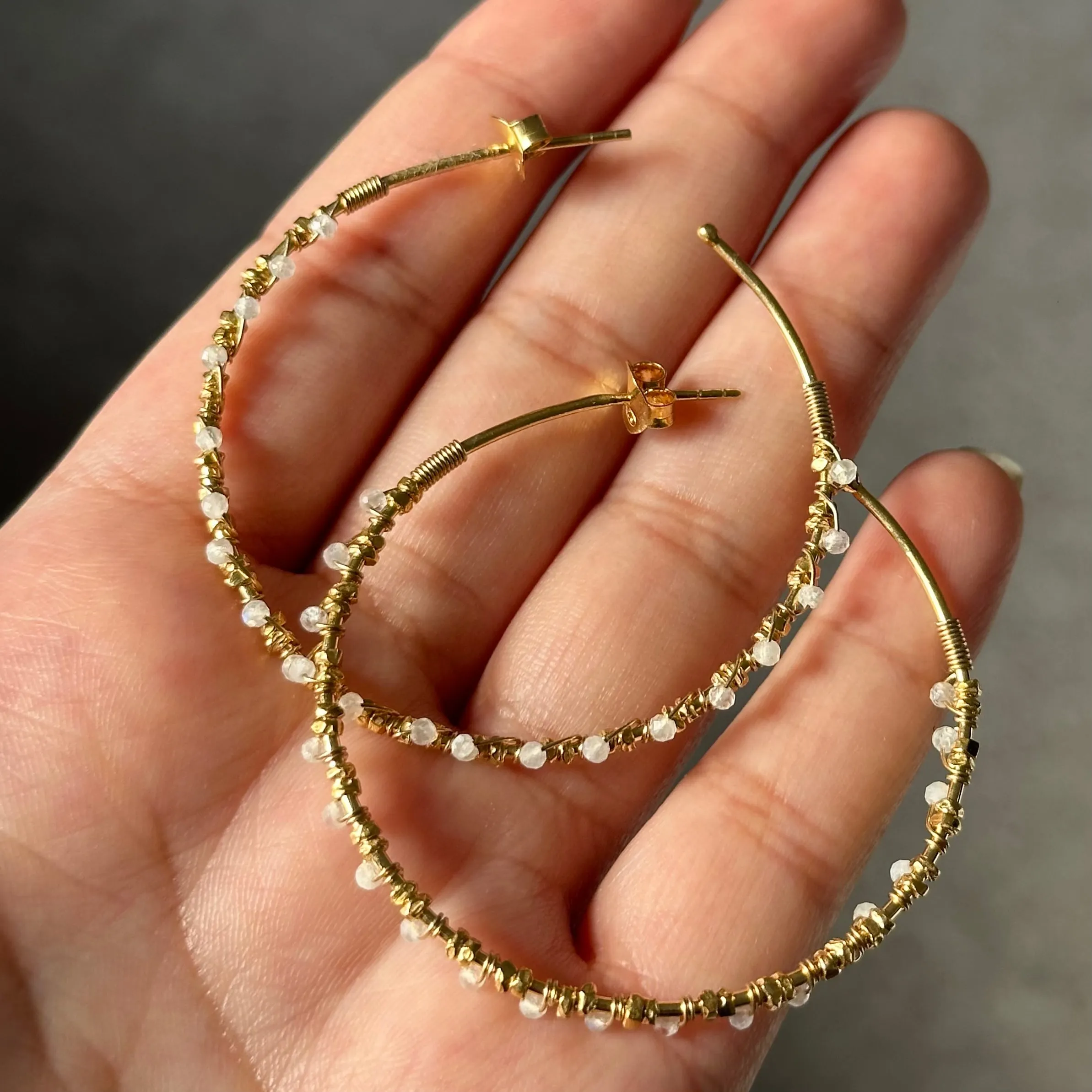 Large Hoop Earrings in Gold Plated Sterling Silver with Moonstone Gemstone
