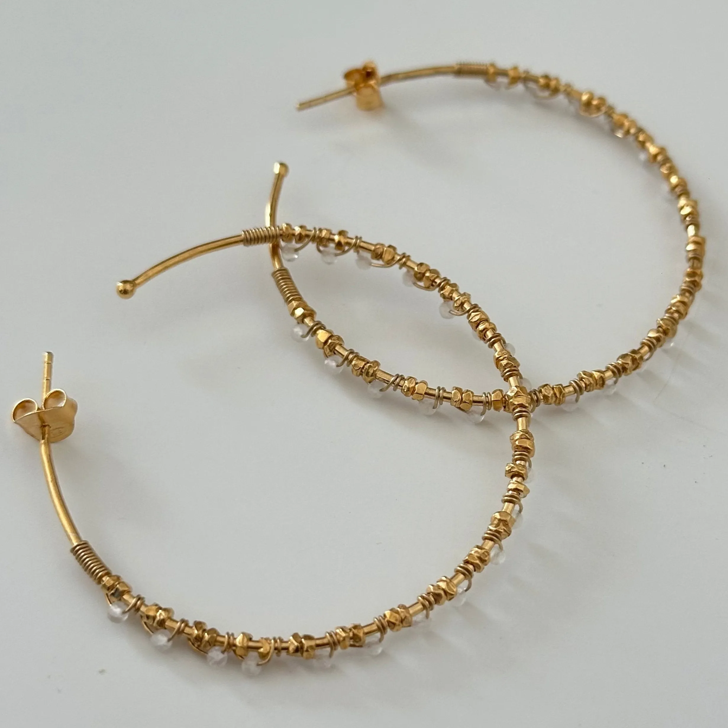 Large Hoop Earrings in Gold Plated Sterling Silver with Moonstone Gemstone