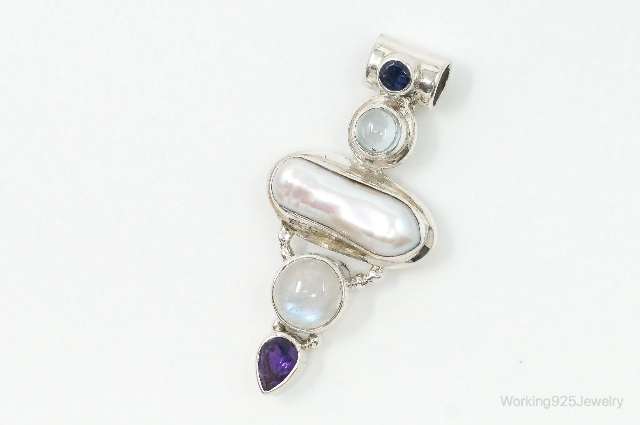 Large SJ Amethyst Blue Topaz Moonstone Iolite Sterling Silver Pendant