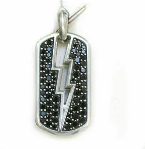 Mens NEW Solid Silver Black Diamond Lightning Bolt Dog Tag "DY925" Pendant 1.25" Mens NEW Solid Silver Black Diamond Lightning Bolt Dog Tag "DY925" Pendant 1.25"