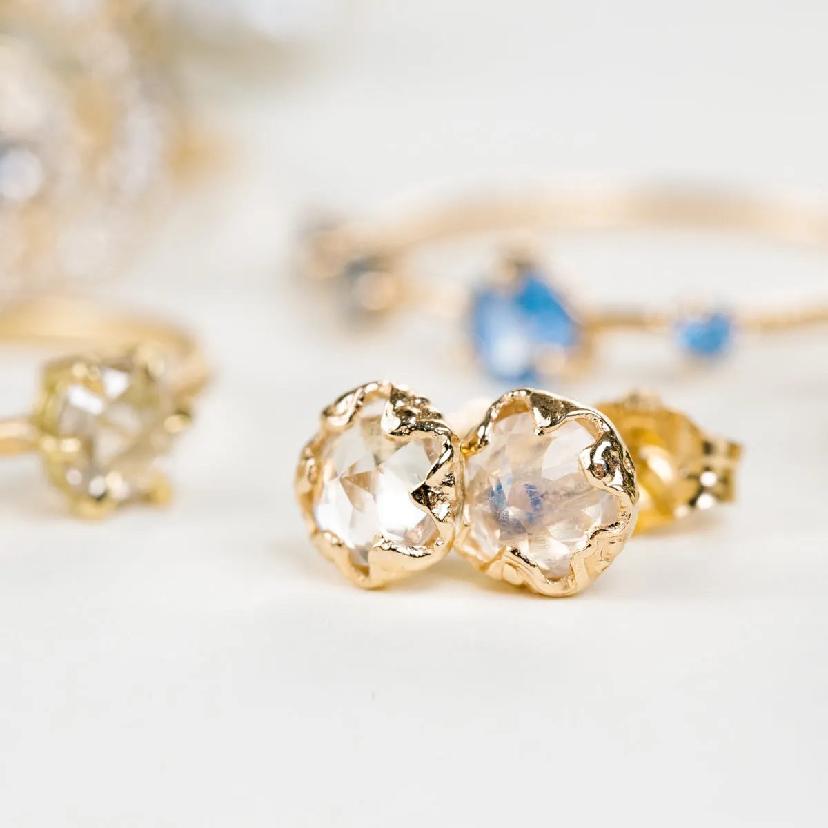 Moonstone Jester Studs - 14k Gold