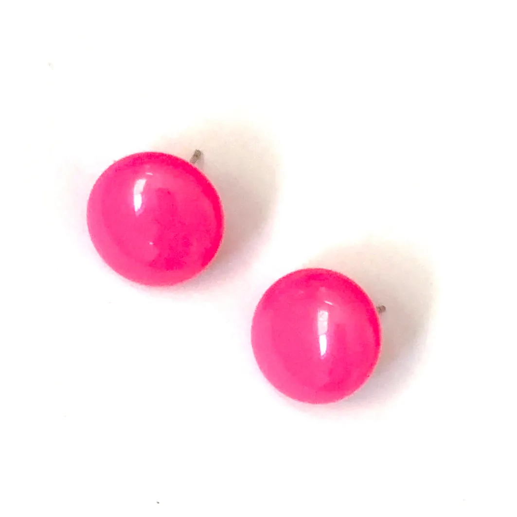 Neon Pink Retro Button Stud Earrings