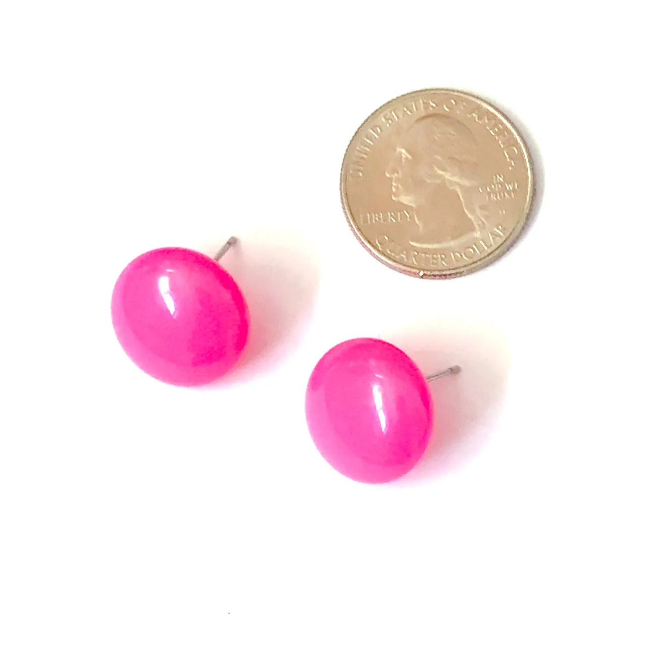 Neon Pink Retro Button Stud Earrings