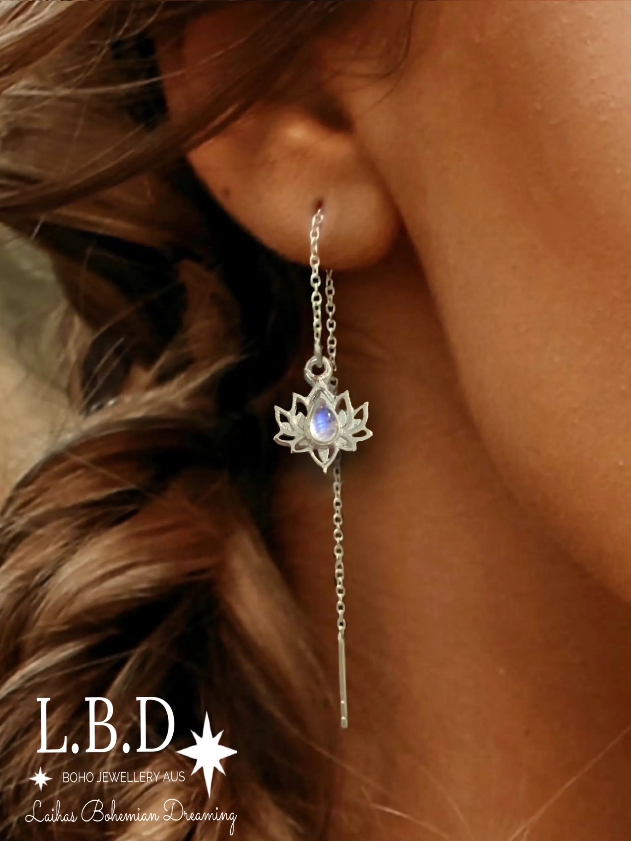 Opulent Lotus Flower Threader Style Moonstone Earrings