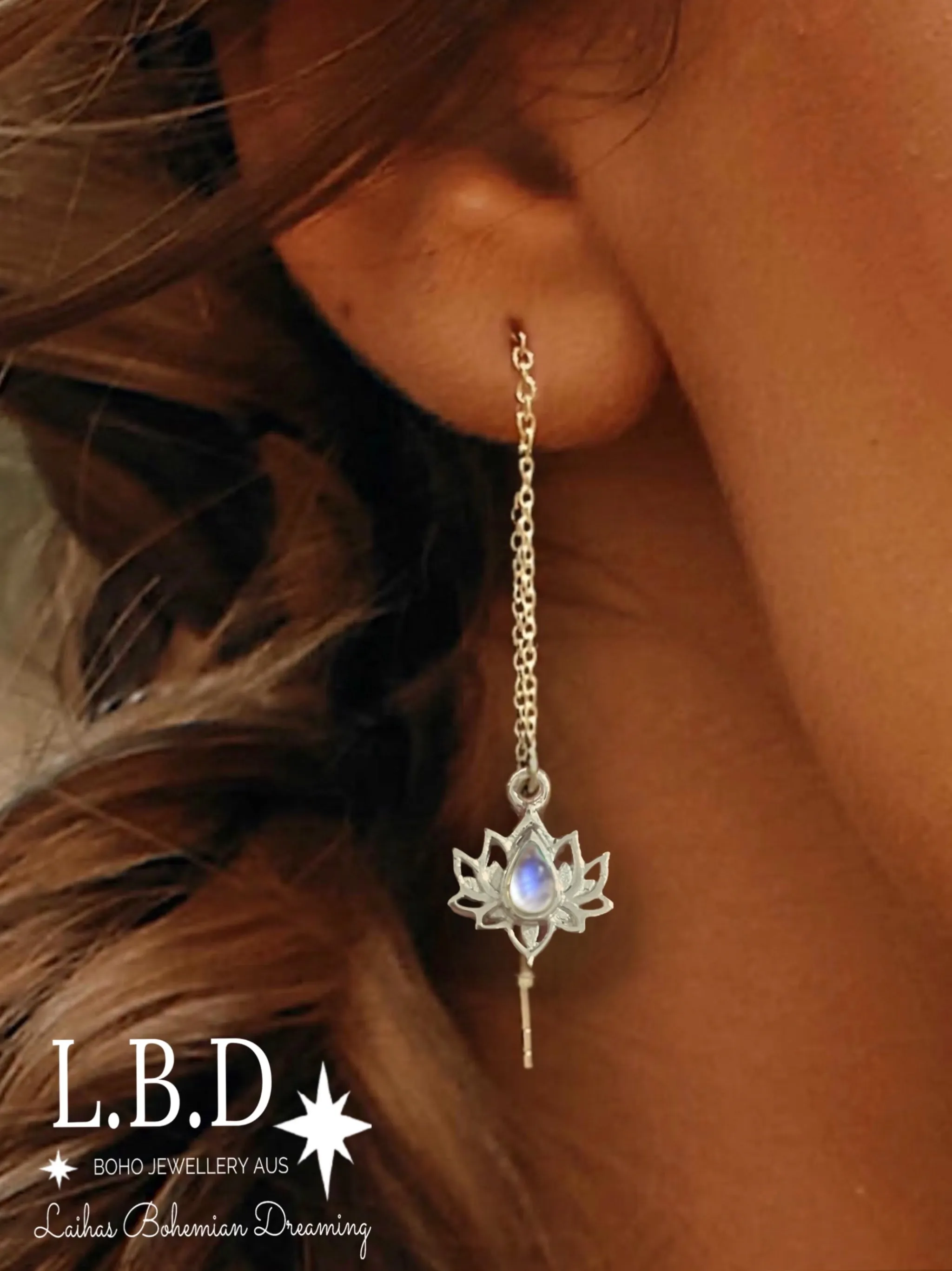 Opulent Lotus Flower Threader Style Moonstone Earrings
