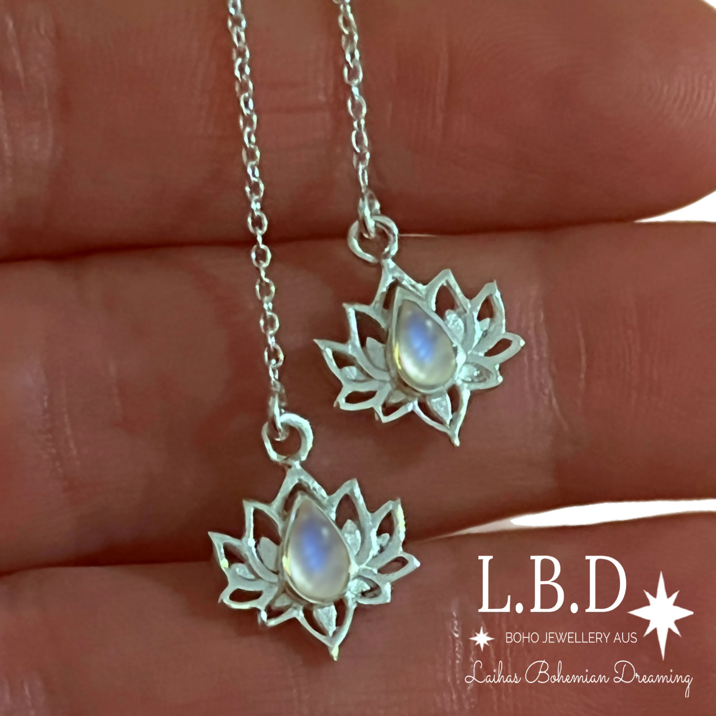 Opulent Lotus Flower Threader Style Moonstone Earrings