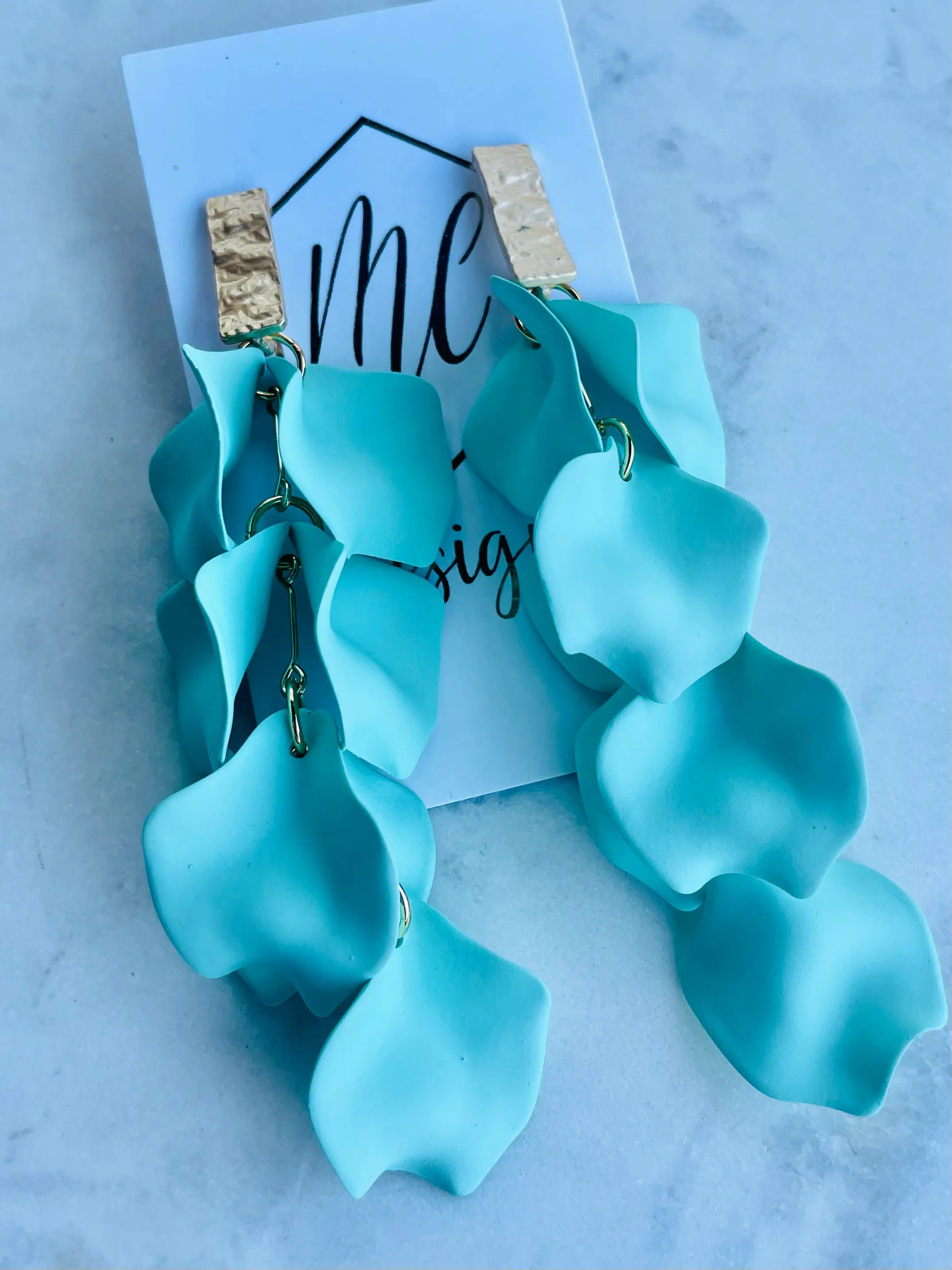 Reverse Petal Dangle Earrings with Rectangular gold posts