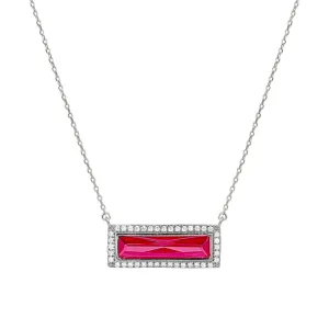Rhodium Finish Sterling Silver Necklace with Rectangular Simulated Ruby Stone and Simulated Diamonds on 16" - 18" Chain