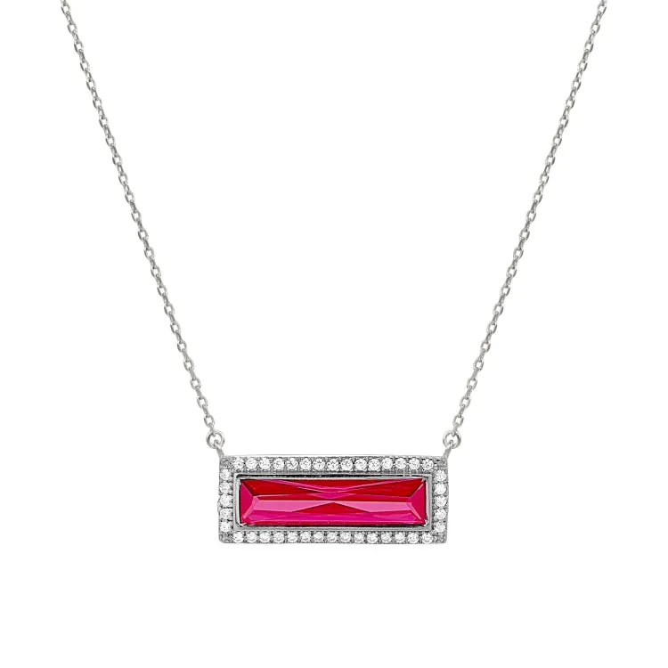 Rhodium Finish Sterling Silver Necklace with Rectangular Simulated Ruby Stone and Simulated Diamonds on 16" - 18" Chain