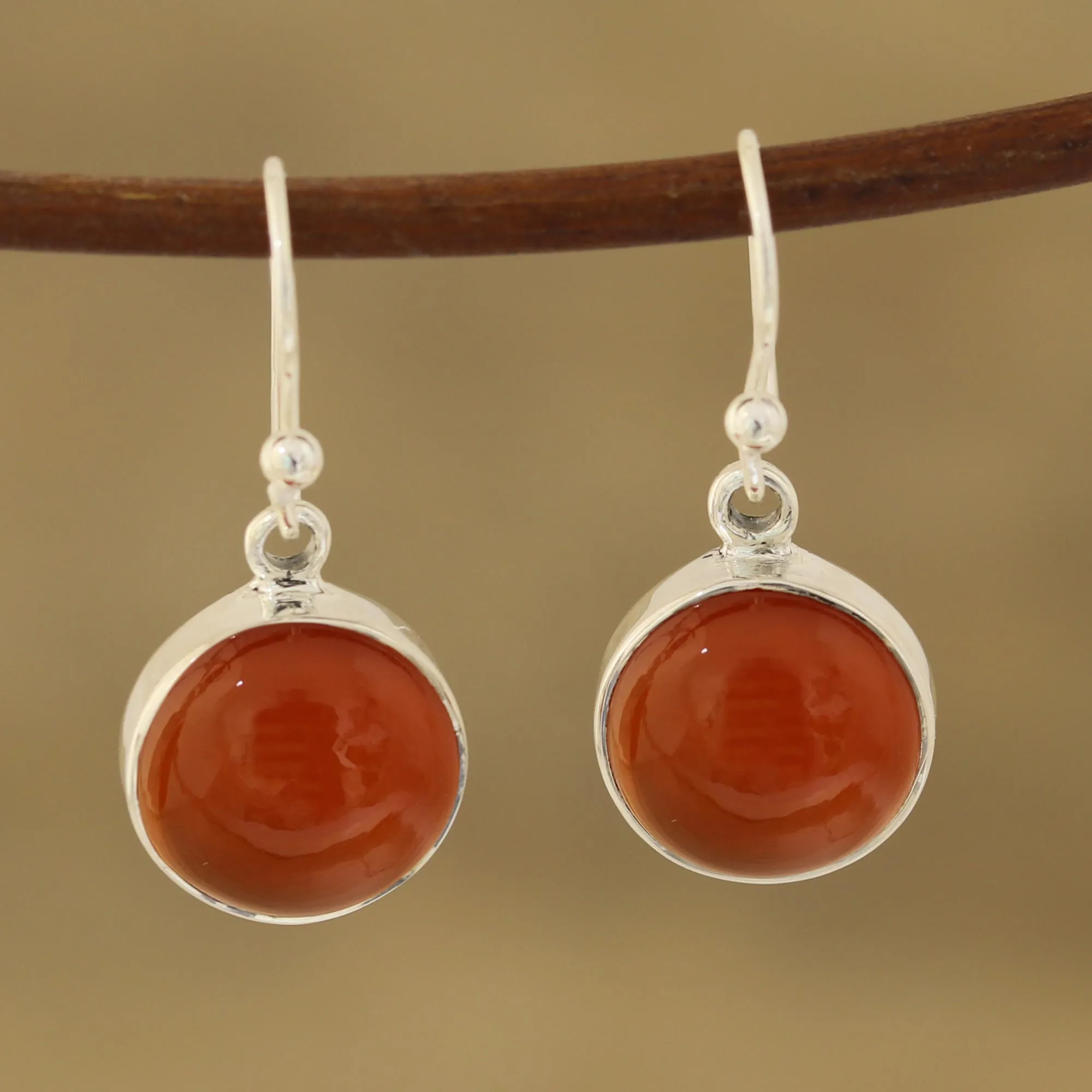 Round Carnelian Dangle Earrings from India - Fiery Domes | NOVICA