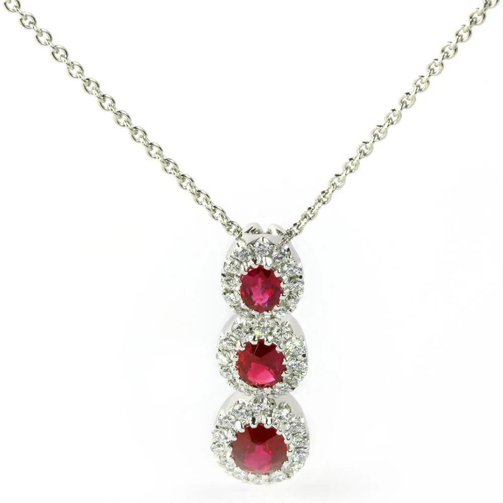 Ruby & Diamond Oval Halo Three Stone Pendant Necklace