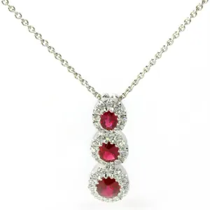 Ruby & Diamond Oval Halo Three Stone Pendant Necklace