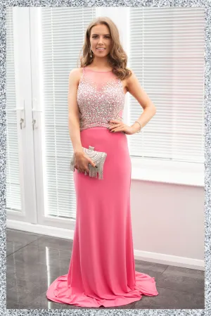 Sheer Rhinestone Embellished Iridescent Fishtail Gown- Coral