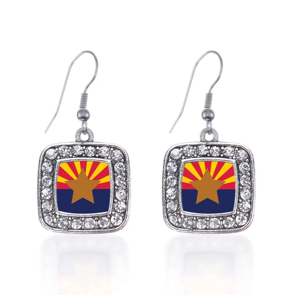 Silver Arizona Flag Square Charm Dangle Earrings
