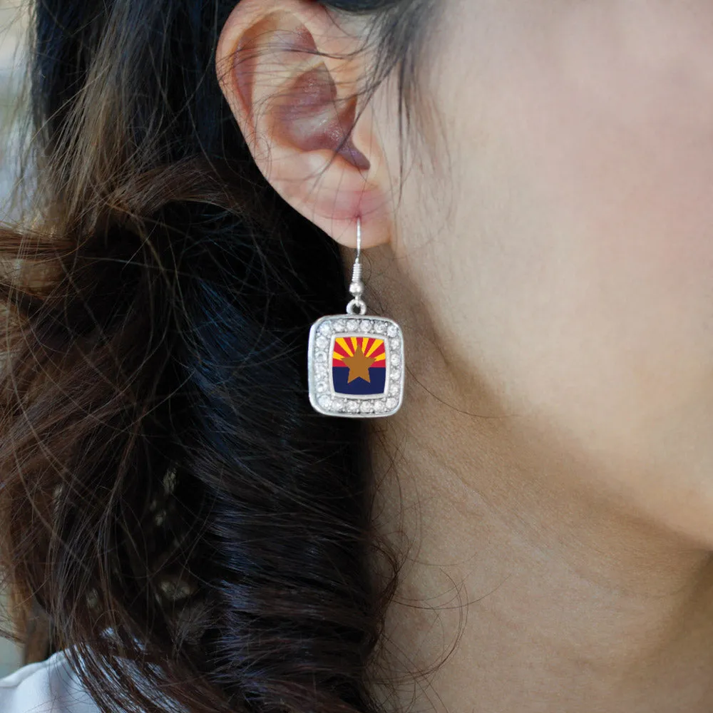 Silver Arizona Flag Square Charm Dangle Earrings