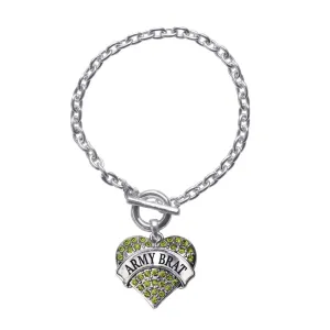 Silver Army Brat Green Pave Heart Charm Toggle Bracelet