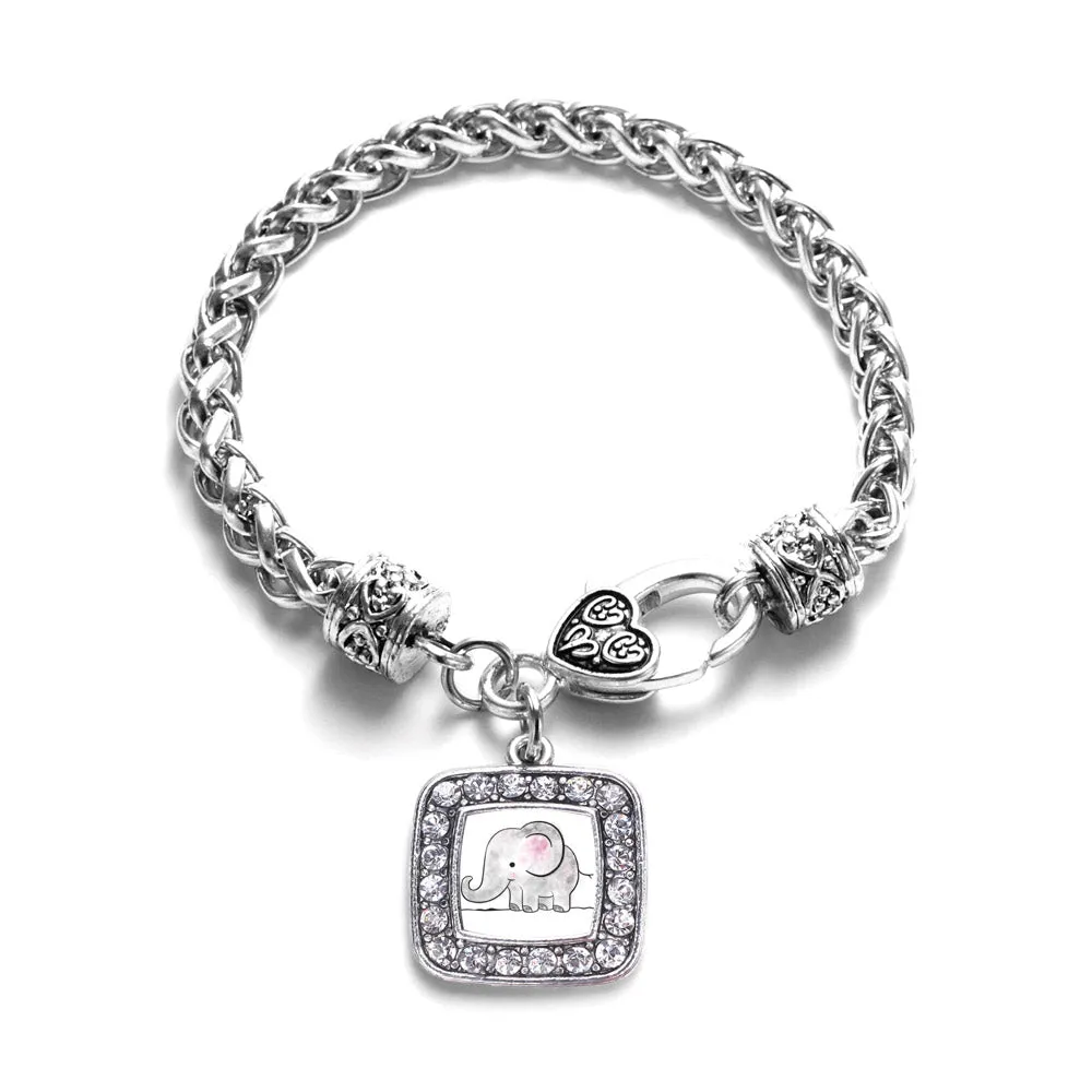 Silver Baby Elephant Square Charm Braided Bracelet
