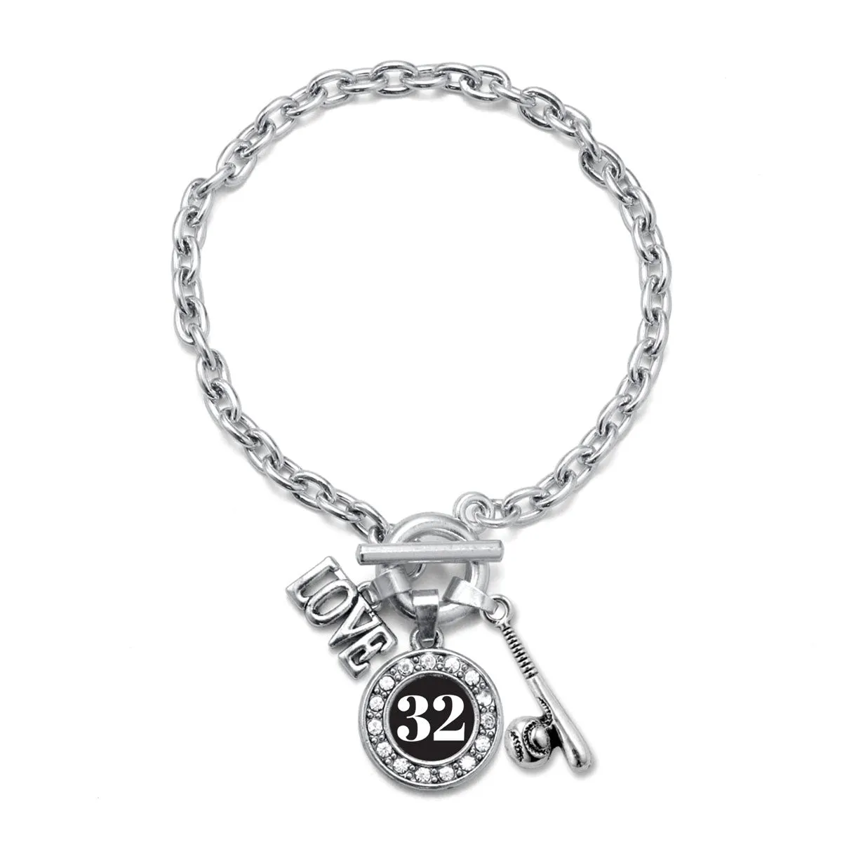 Silver Baseball Bat - Sports Number 32 Circle Charm Toggle Bracelet