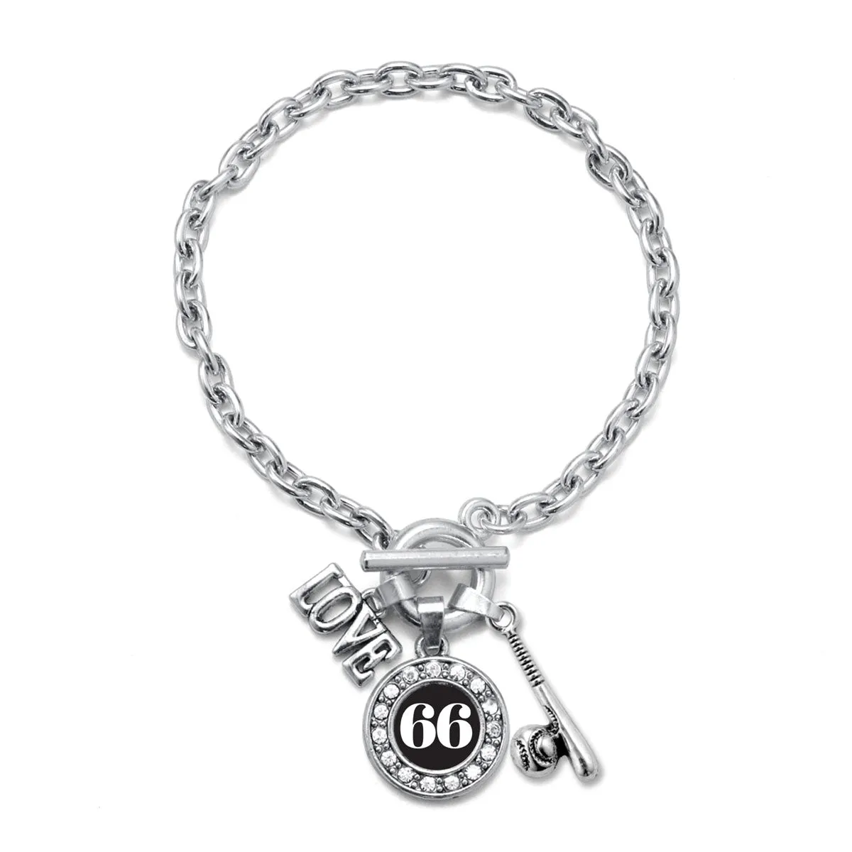 Silver Baseball Bat - Sports Number 66 Circle Charm Toggle Bracelet