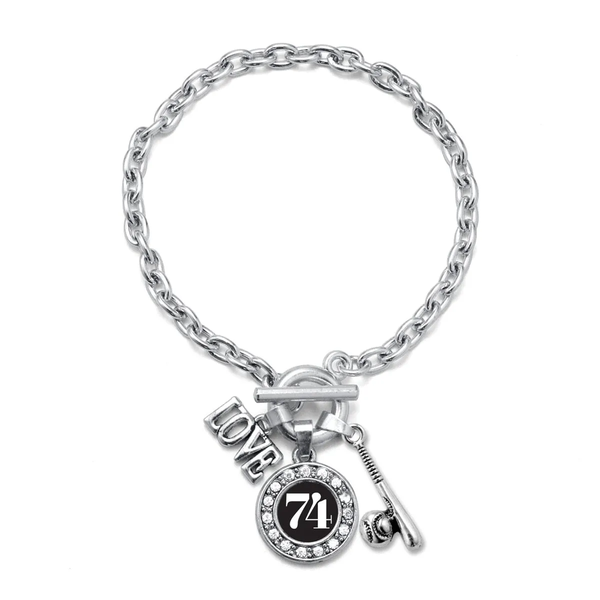 Silver Baseball Bat - Sports Number 74 Circle Charm Toggle Bracelet