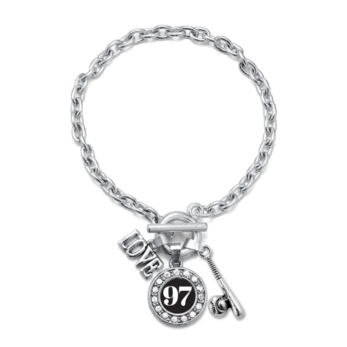 Silver Baseball Bat - Sports Number 97 Circle Charm Toggle Bracelet