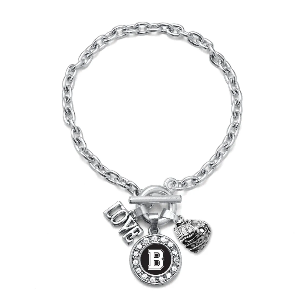 Silver Baseball Glove - Sports Initial B Circle Charm Toggle Bracelet