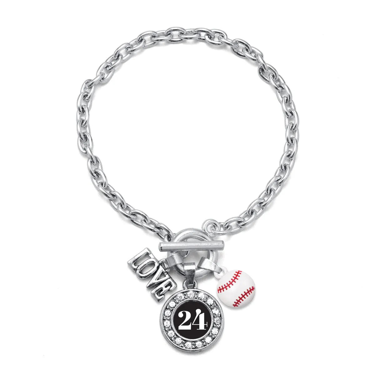 Silver Baseball - Sports Number 24 Circle Charm Toggle Bracelet