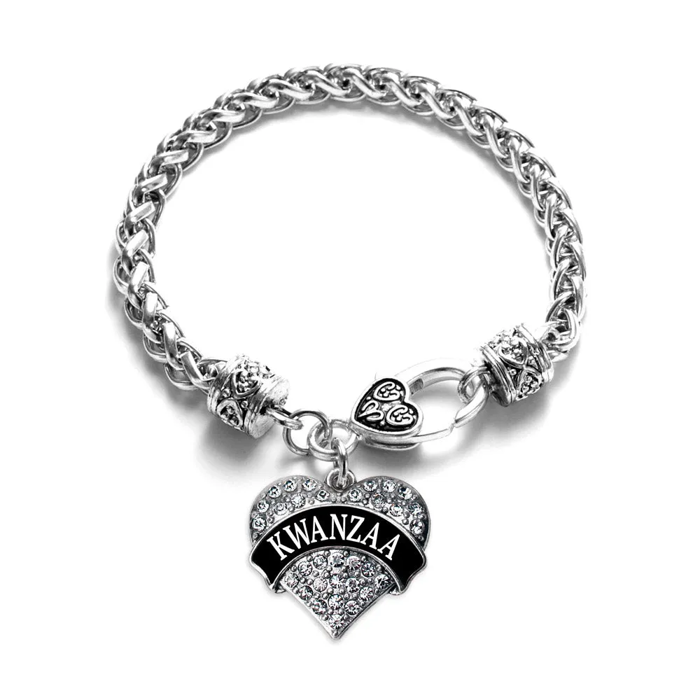 Silver Black Kwanzaa Pave Heart Charm Braided Bracelet