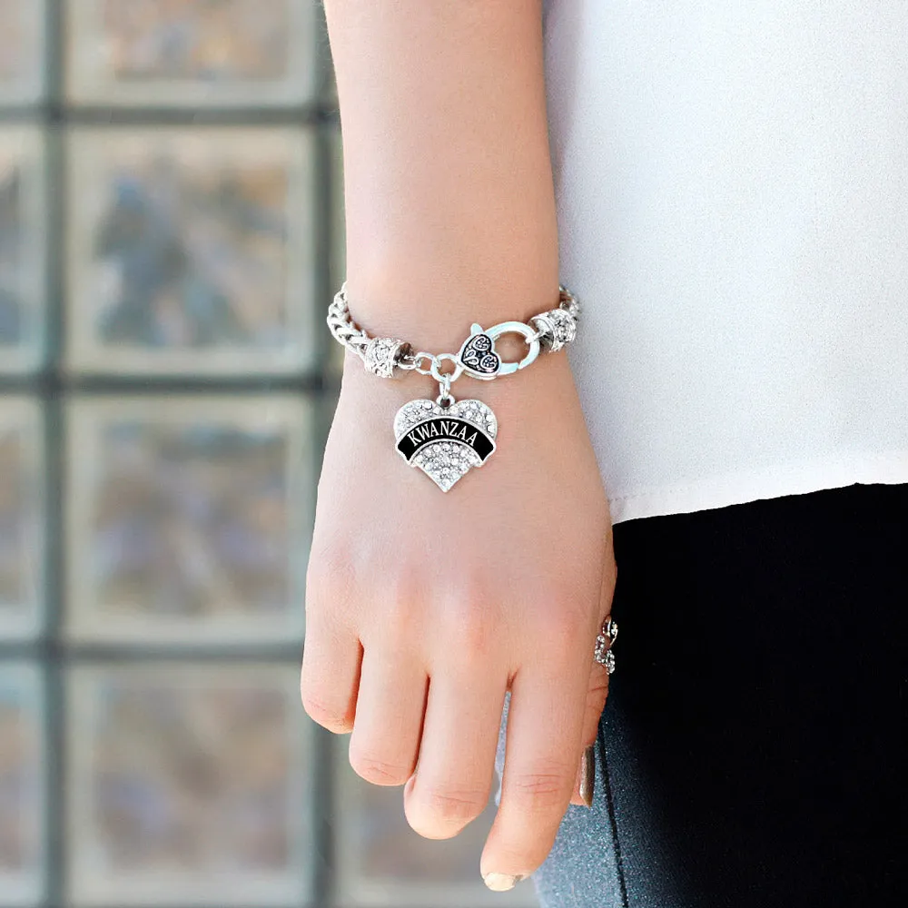 Silver Black Kwanzaa Pave Heart Charm Braided Bracelet