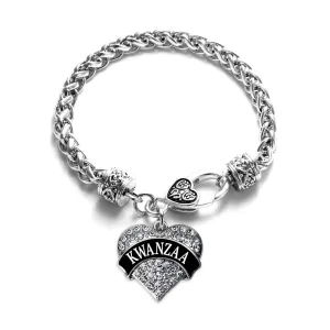 Silver Black Kwanzaa Pave Heart Charm Braided Bracelet