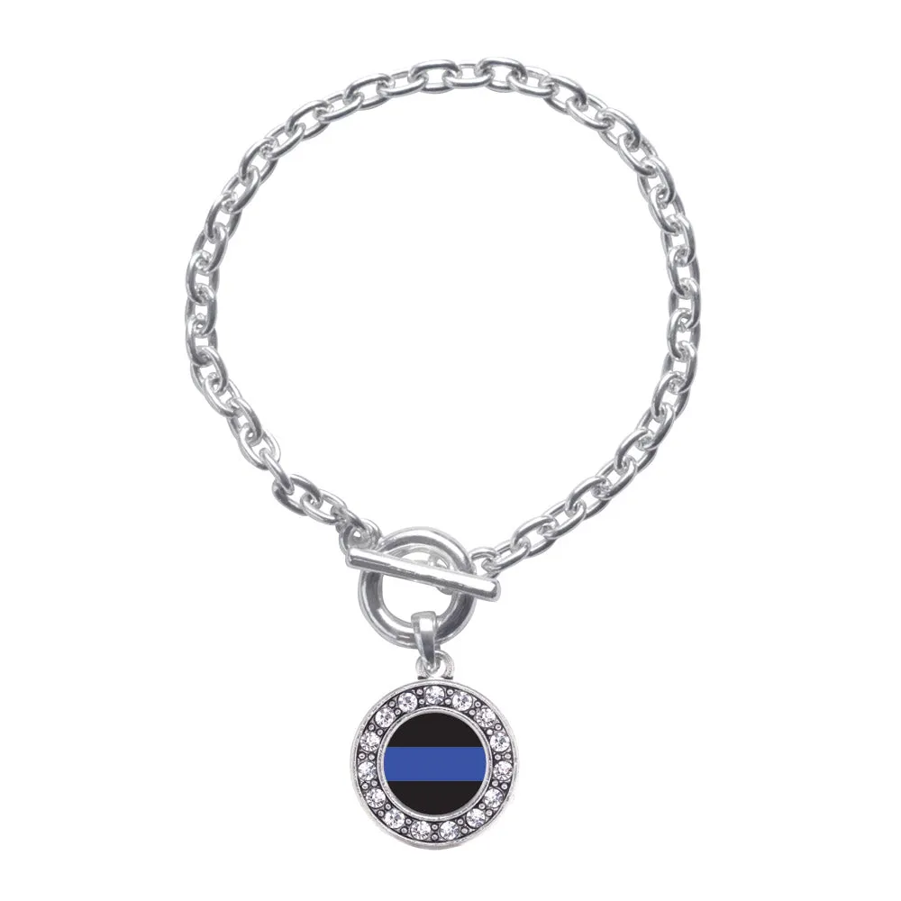 Silver Blue Line Law Enforcement Support Circle Charm Toggle Bracelet