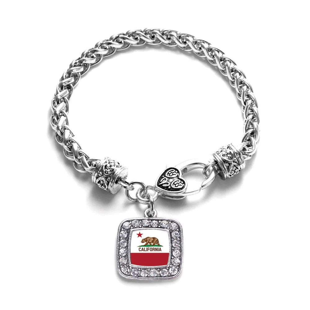 Silver California Flag Square Charm Braided Bracelet