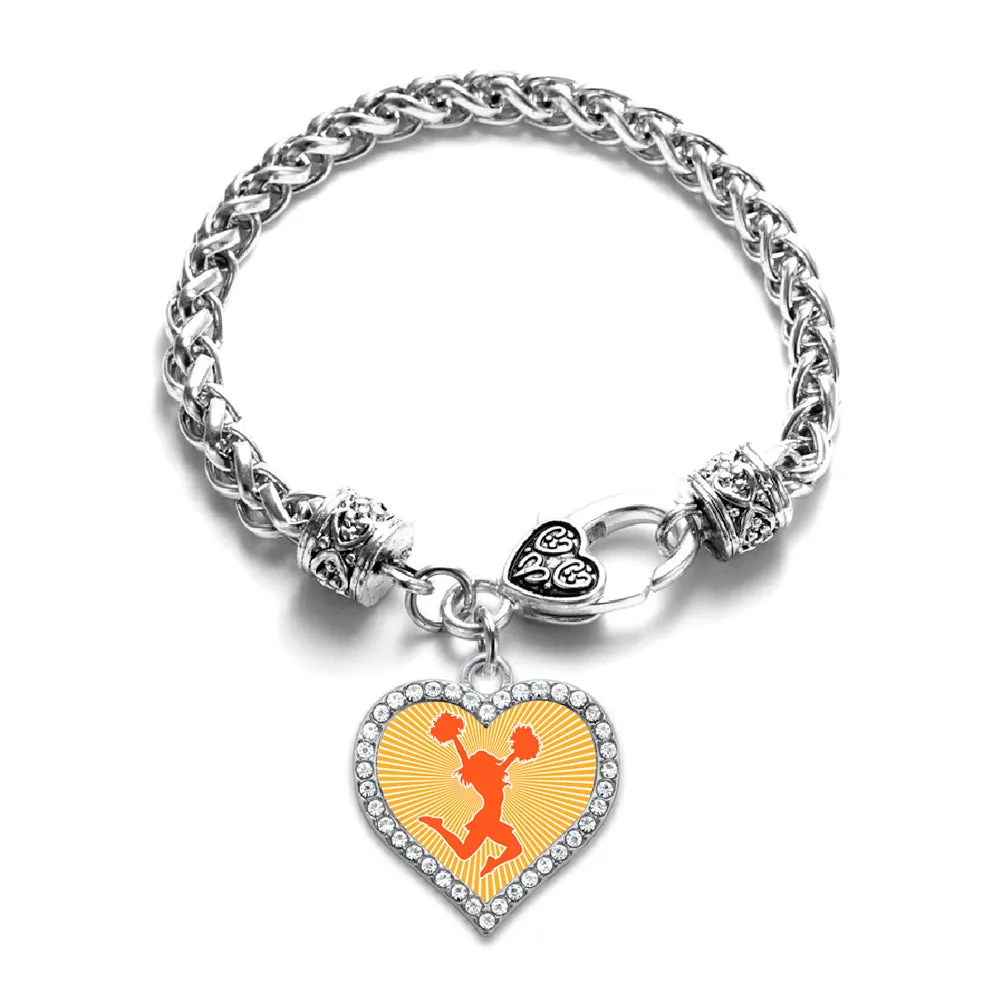 Silver Cheerleader - Orange Open Heart Charm Braided Bracelet