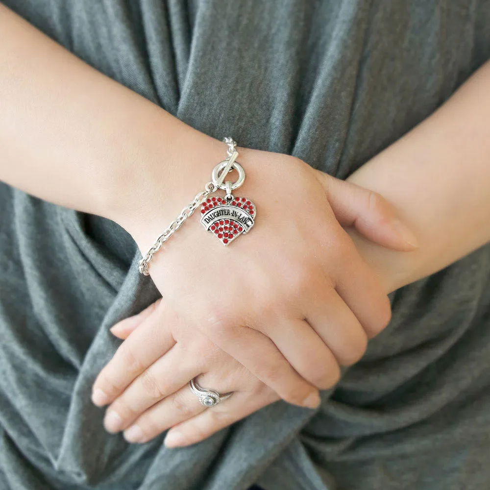 Silver Daughter-In-Law Red Pave Heart Charm Toggle Bracelet