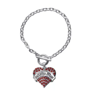 Silver Daughter-In-Law Red Pave Heart Charm Toggle Bracelet