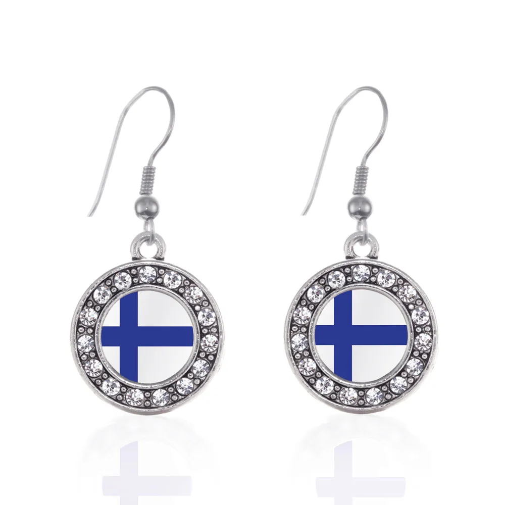 Silver Finland Flag Circle Charm Dangle Earrings