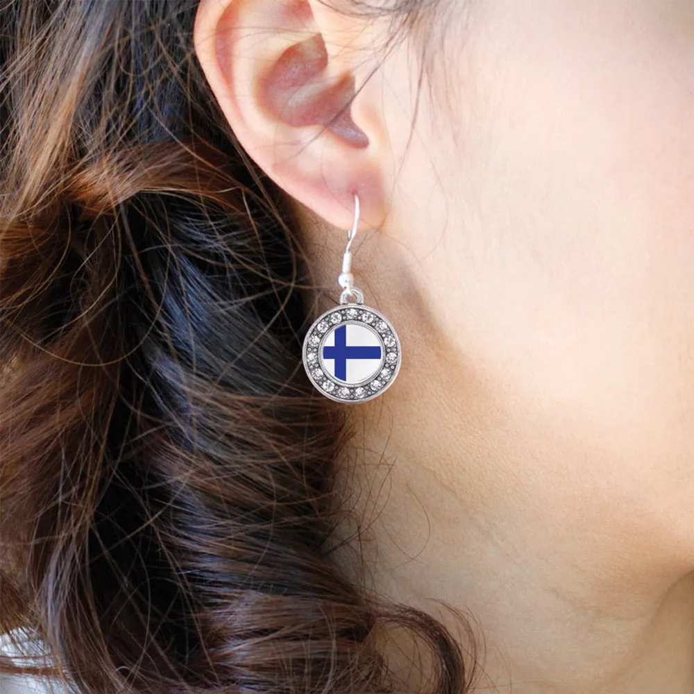 Silver Finland Flag Circle Charm Dangle Earrings