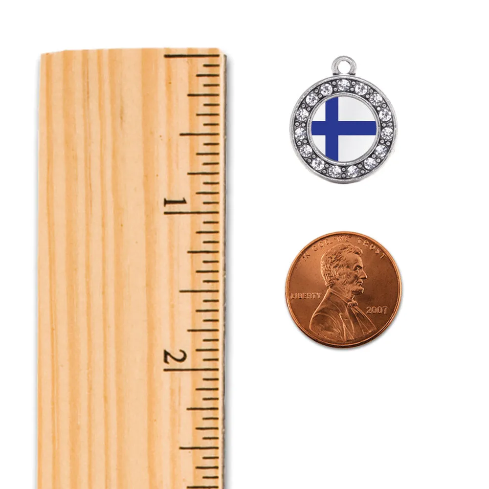 Silver Finland Flag Circle Charm Dangle Earrings