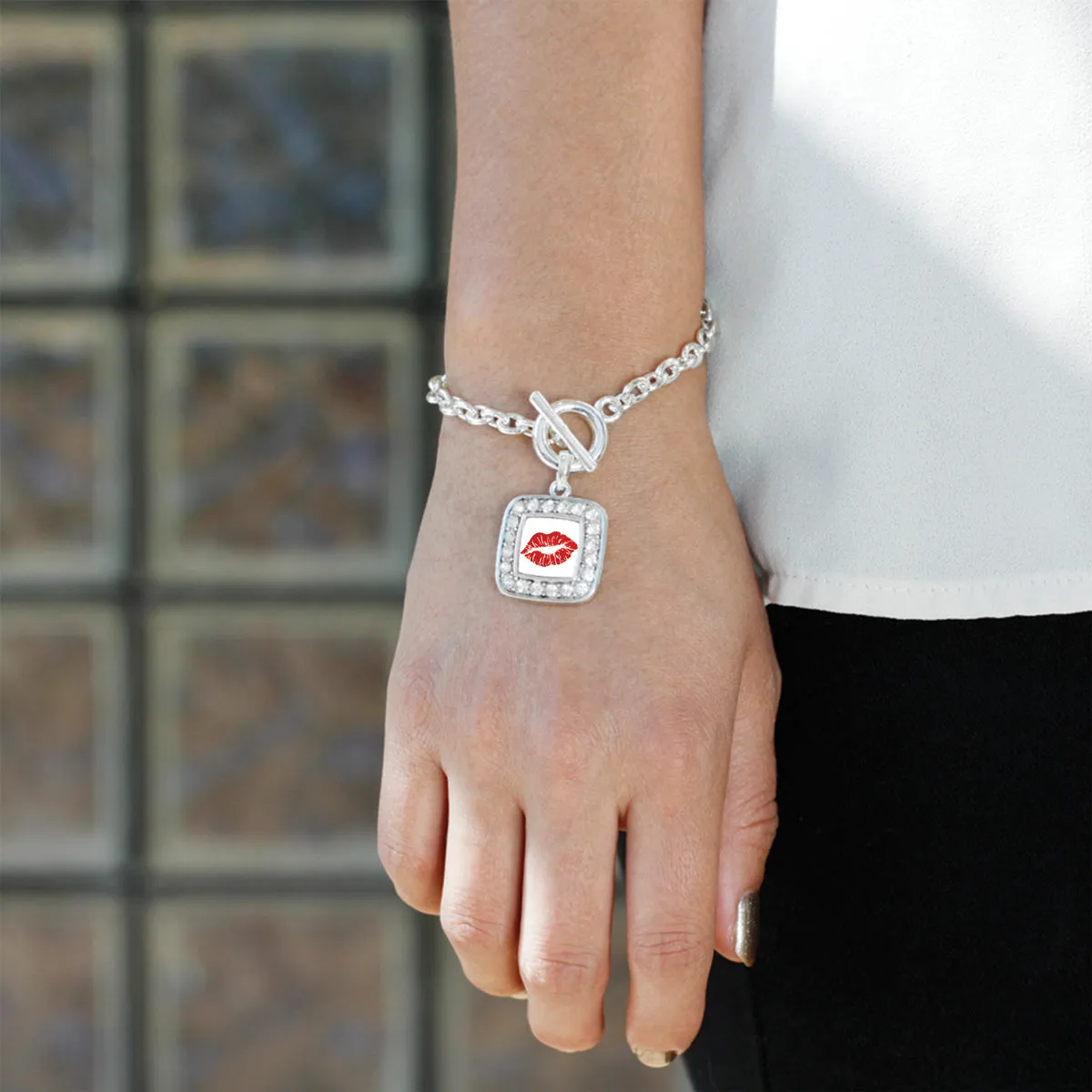 Silver Goodbye Kiss Emoji Square Charm Toggle Bracelet