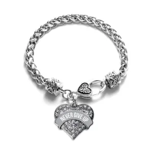 Silver Gray Banner Never Give Up Pave Heart Charm Braided Bracelet