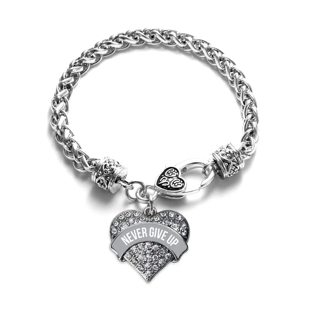 Silver Gray Banner Never Give Up Pave Heart Charm Braided Bracelet
