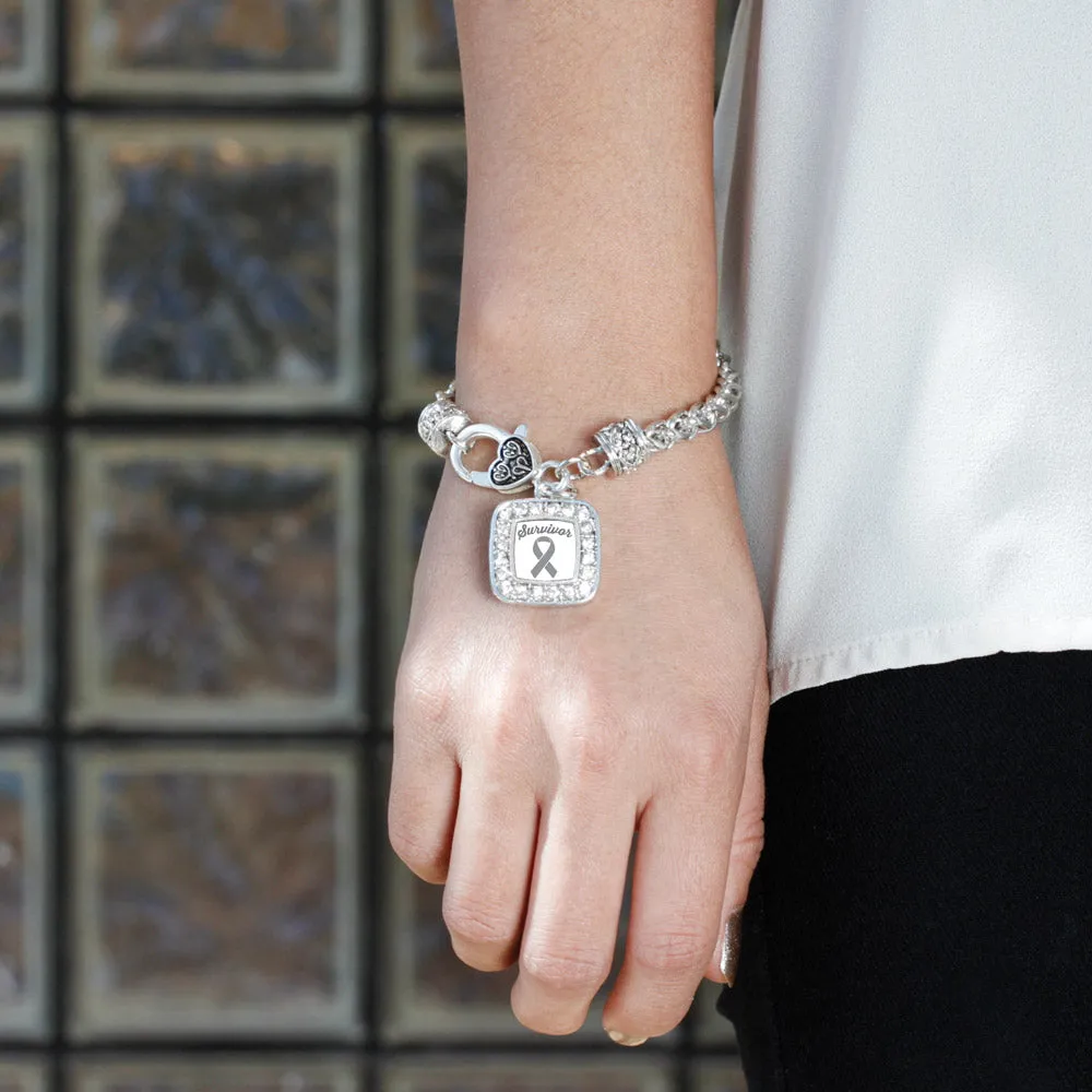 Silver Gray Ribbon Survivor Square Charm Braided Bracelet