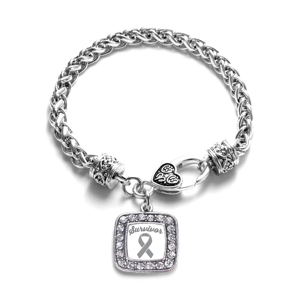 Silver Gray Ribbon Survivor Square Charm Braided Bracelet