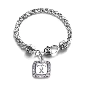 Silver Gray Ribbon Survivor Square Charm Braided Bracelet