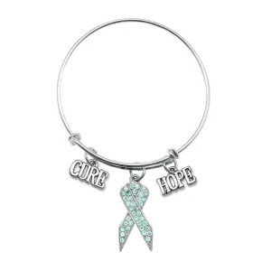 Silver Hope Aqua Awareness Ribbon Charm Wire Bangle Bracelet