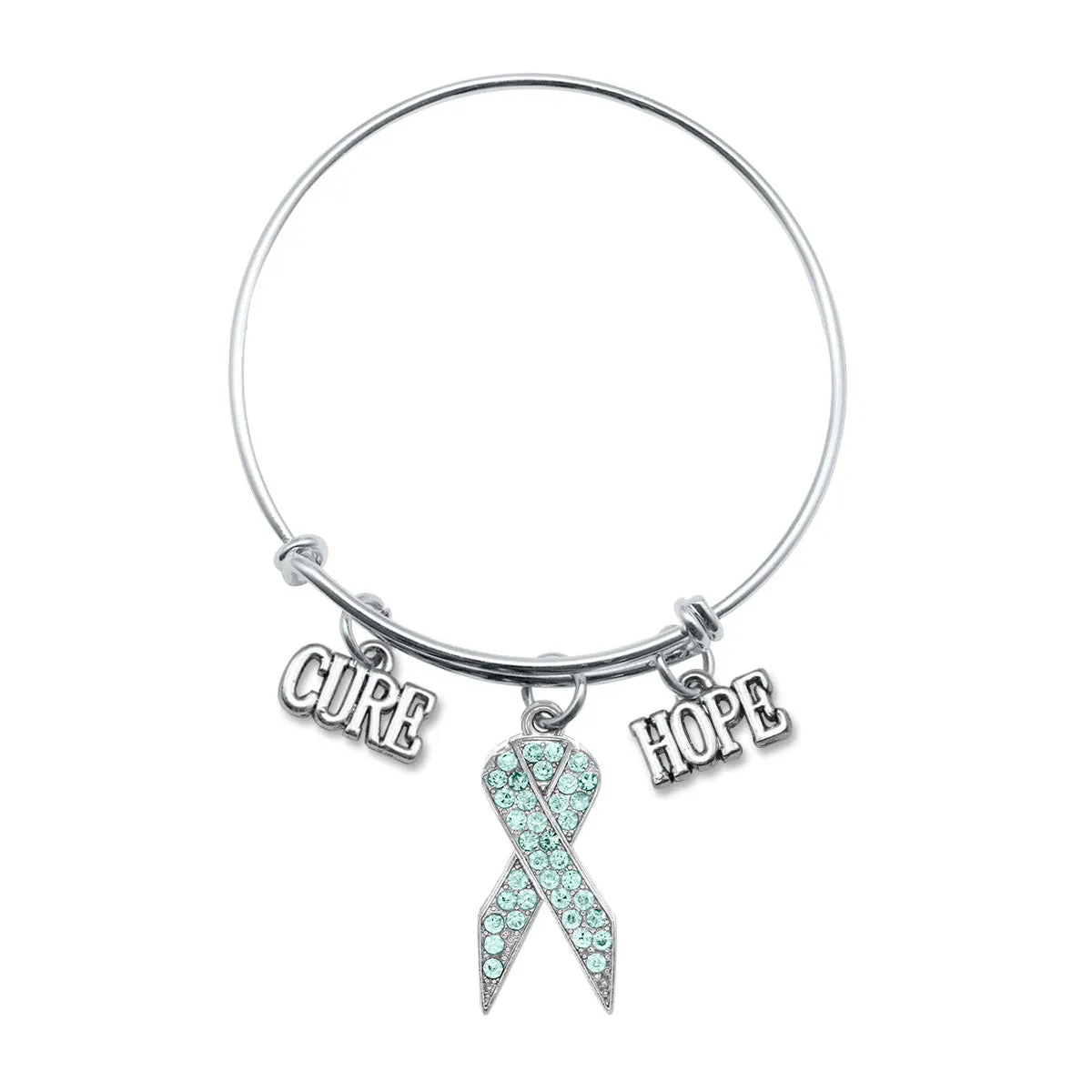 Silver Hope Aqua Awareness Ribbon Charm Wire Bangle Bracelet
