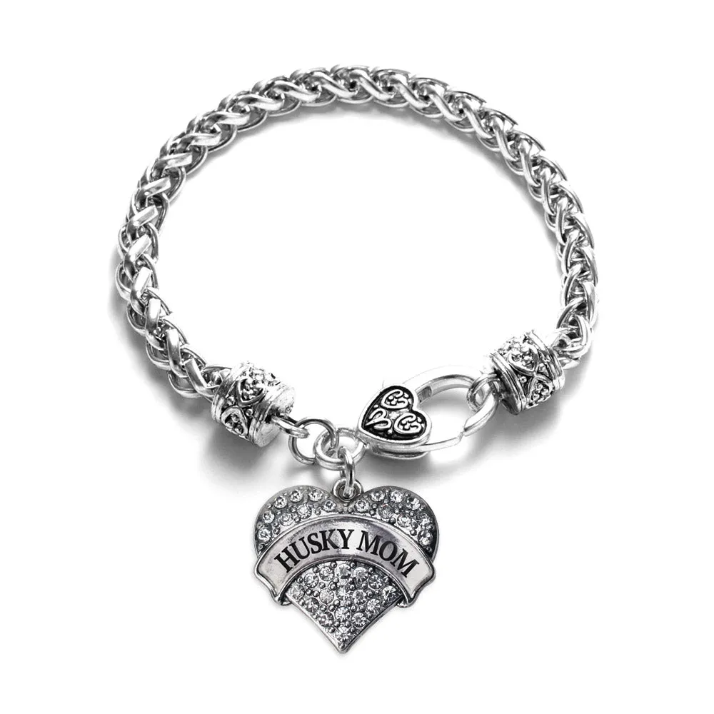 Silver Husky Mom Pave Heart Charm Braided Bracelet
